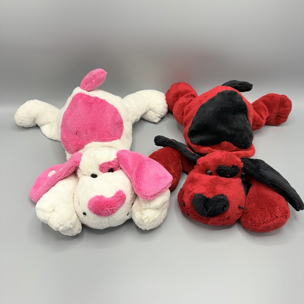 Kids Of America Plush Floppy Dog 12" Stuffed Heart Ears Lot Of Two Red & Pink